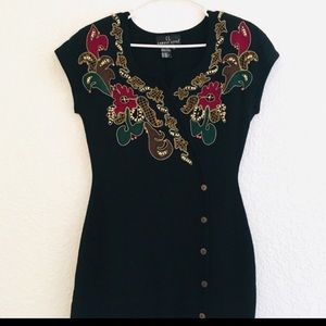 Vintage Carole Little Sweater Knit Dress Embroidery Beaded Button Dress Size M